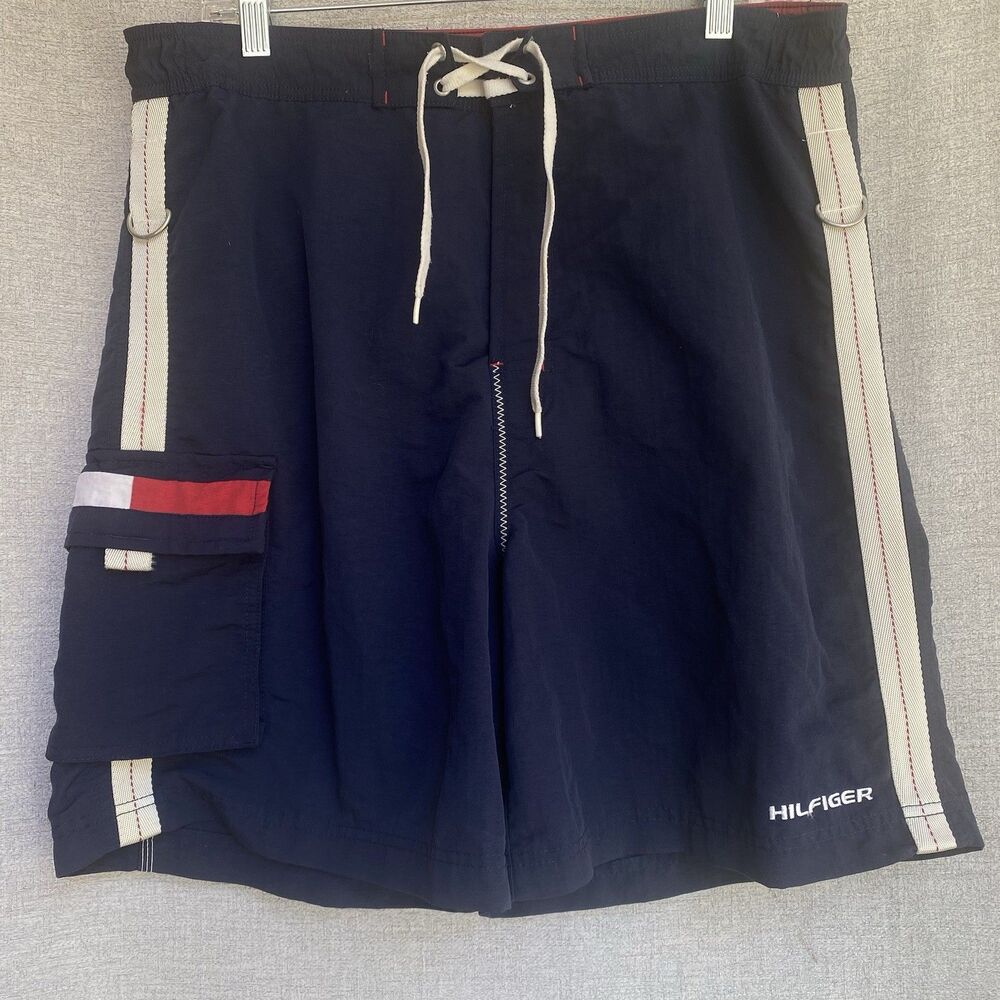 Tommy Hilfiger Mens Board Swimming Shorts Blue XL Swim Trunks Red White VTG 90